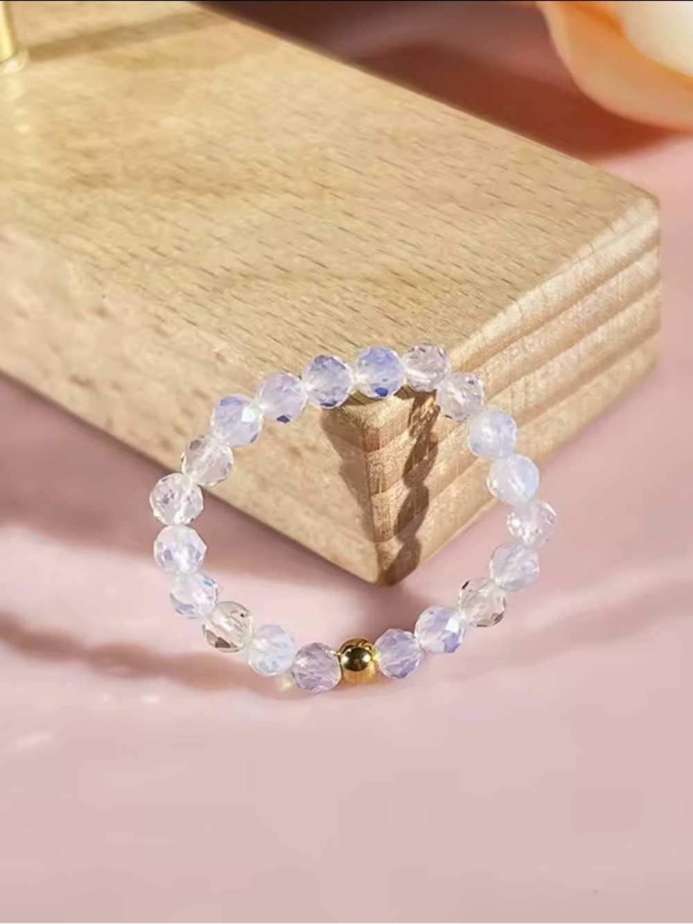 Natural Moonstone Ring Beaded Gemstone Stretch Band Size 7–8